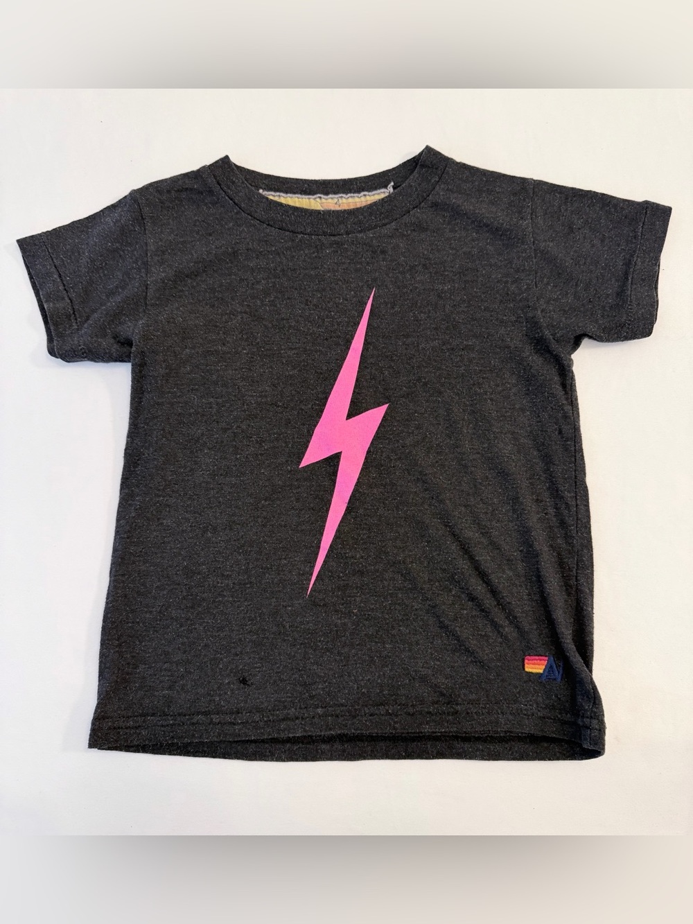 Aviator Nation Kids’ Unisex Black Bolt Tee with Neon Pink Lightning Bolt Size 4